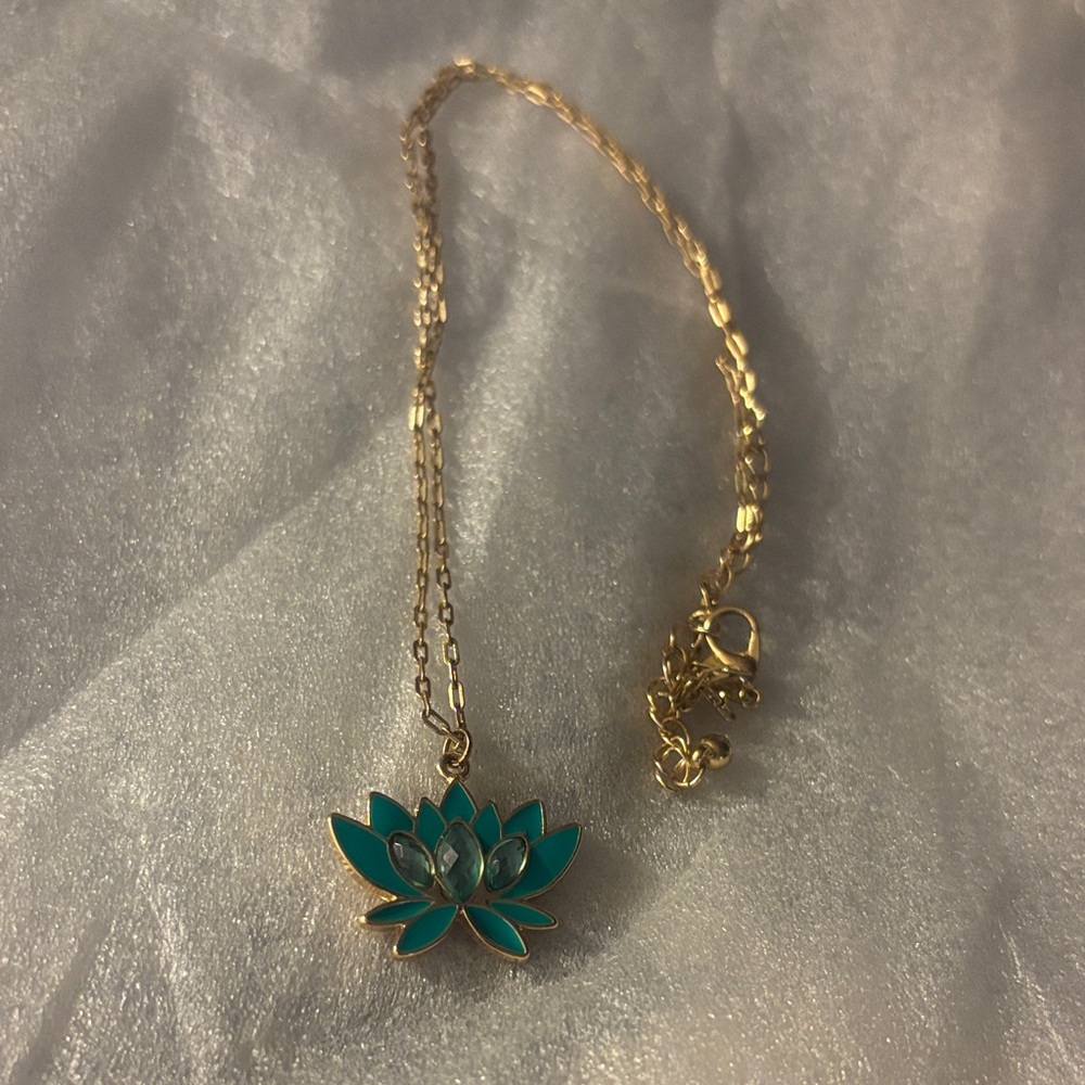 Disney Gold and Teal Lotus Pendant Necklace with Crystals